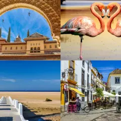 Imágenes de la Alhambra, flamencos, una playa y una calle típica. ¡Ideas para saber qué visitar en Andalucía!