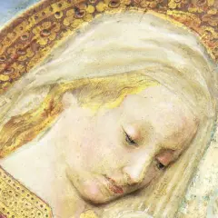 Ein zartes Porträt, das an Maria Magdalena, die Tochter, erinnert. Ihr blondes Haar umrahmt ein sanftes Gesicht unter einer goldenen Aureole.