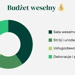 Wykres kołowy pokazuje, jak zorganizować wesele, dzieląc budżet na salę, strój, usługi i dekoracje.