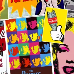 Pop art collage featuring 1960s artists painters like Warhol and Lichtenstein. Iconic images of Marilyn Monroe, Campbell's soup, and The Beatles.