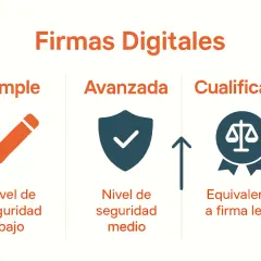 Comparativa de firmas digitales: simple (lápiz, bajo nivel de seguridad), avanzada (escudo, nivel medio) y cualificada (balanza, equivalente a firma legal).