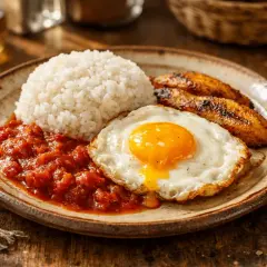 Un plato de arroz a la cubana con huevo frito, plátanos maduros fritos y salsa de tomate.