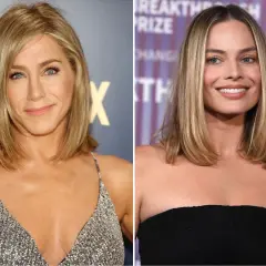 Jennifer Aniston i Margot Robbie z modnymi włosami do ramion, obie uśmiechnięte.