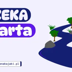 Rzeka Warta na mapie Polski. Ilustracja przedstawia krętą rzekę z drzewami i kamieniami, a obok zdjęcia krajobrazów.