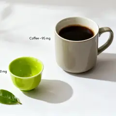 En kopp kaffe och en liten grön kopp med sencha. Jämförelse av te smaker och koffeinhalt.