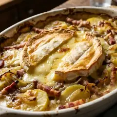 Plat gratiné de pommes de terre, lardons et reblochon fondant, prêt à déguster. Une délicieuse recette tartiflette qui réchauffe le cœur.
