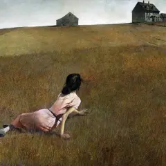 Wyeth's Christina's World: A woman in a pink dress crawls through a dry field towards a distant farmhouse.