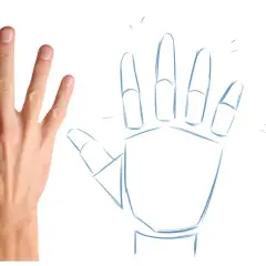 Realistyczna dłoń obok szkicu wykonanego **freehand**. Obok szkice palców i dłoni z różnych perspektyw.