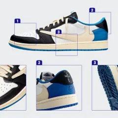 Buty sportowe z kremowym logo Nike, niebieskimi i czarnymi akcentami. Widoczne detale perforacji, sznurówki i podeszwa.