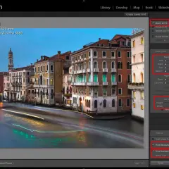 Widok na kanał w Wenecji z zaznaczonymi ustawieniami drukowania w Lightroom, w tym rozdzielczość druku 360 ppi.