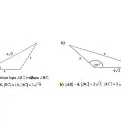 Dwa zadania z trygonometrii: a) obliczanie boku x w trójkącie z kątem 30°, b) obliczanie boku x w trójkącie z kątem 135°. Twierdzenie cosinusów jest kluczem.