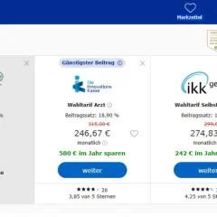 Vergleich von Krankenkassen: AOK PLUS, Die Innovations Kasse und ikk gesund plus. Die ikk innovationskasse bietet einen Wahltarif Selbstbehalt für 274,83 € monatlich.