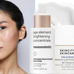 Ansiktsbehandling för melasma med serum från Mesoestetic och Paula's Choice.
