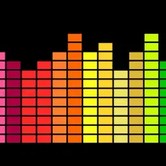 Kolorowy korektor dźwięku equalizer na czarnym tle, przypominający cyfrowy wykres muzyczny.