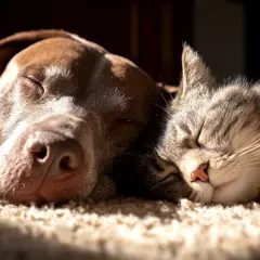 Un perro y un gato duermen juntos, acurrucados en una alfombra. Los perros quieren a sus dueños, y esta imagen muestra la paz que sienten.