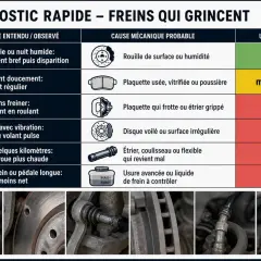 Diagnostic rapide des freins : vibration de la pédale ou du volant, usure de la plaquette, étrier grippé, disque voilé, ou liquide de frein à contrôler. La pédale de frein est essentielle.