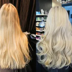 Före och efterbild på hår som fått bort gula toner. Från varmt blont till kallare, ljusare nyans.