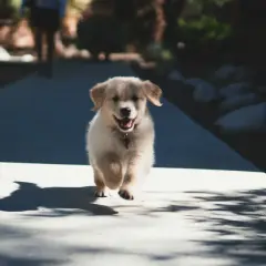 Radosny szczeniak golden retriever biegnie ścieżką, kiedy ze szczeniakiem na spacer. Wesoły piesek w ruchu, z rozchylonym pyszczkiem.