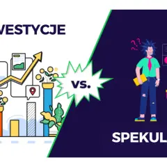 Ilustracja porównuje inwestycje, gdzie człowiek podlewa rosnące pieniądze, ze spekulacjami, gdzie inny człowiek jest zagubiony.