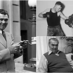 A collage of boxing legend Jack Dempsey. One image shows him in a suit, another shows him sparring, and the last shows him with a woman.