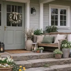 Välkomnande entré med påskris inspiration. Korg med påskblommor och ägg, bänk med kuddar och växter.