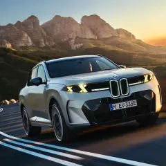 Nowe BMW X5 na krętej drodze wśród gór o zachodzie słońca.
