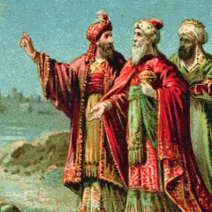 Drei Weise folgen dem Stern, der ihnen zeigt, was am 6. Januar geschah. Sie tragen Geschenke und reisen mit Kamelen.
