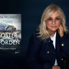 Åsa Hellberg, författare till "Koster Morden", poserar bredvid sin bok.