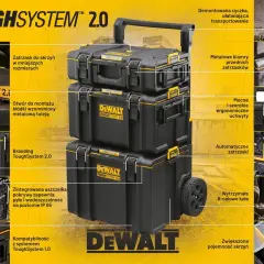 Solidne skrzynki narzędziowe DeWalt ToughSystem 2.0 z wytrzymałymi kołami i zintegrowaną uszczelką.