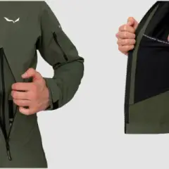 Mężczyzna w zielonej kurtce softshell. Detale: zamki, logo Salewa, kaptur. Czy softshell jest nieprzemakalny? Sprawdź sam!