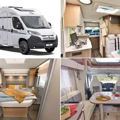 Camping-car 7m avec lit central confortable, cuisine fonctionnelle et coin repas convivial. Parfait pour vos escapades.