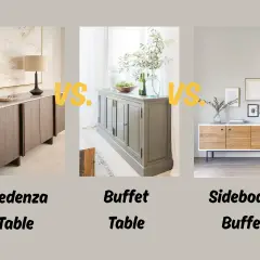 Three furniture pieces: a credenza table, a buffet table, and a sideboard buffet, are shown side-by-side, illustrating the sideboard vs credenza debate.