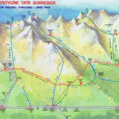 Mapa turystyczna słowackich Tatr z zaznaczonymi najpiękniejszymi szlakami w Dolinach Wielickiej, Staroleśnej i Zimnej Wody.