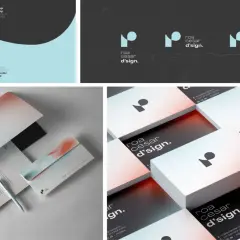 Modern branding trends showcase a minimalist logo with a gradient of soft red, blue, and white on stationery and business cards.