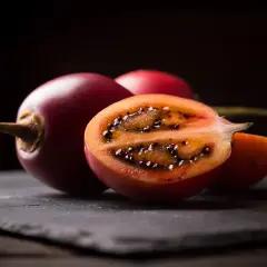 Tamarillo jak jeść? Pokrojone na pół, z widocznym miąższem i czarnymi nasionami, zachęca do spróbowania.