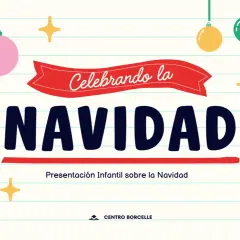Decoración festiva con un árbol de Navidad, regalos y adornos. El título "Celebrando la NAVIDAD" usa letras bonitas navideñas, ideal para una presentación infantil.