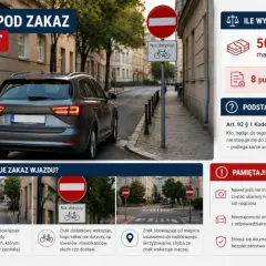 Wjazd pod zakaz, grozi mandat 500 zł i 8 punktów karnych. Znak zakazu wjazdu z tabliczką "nie dotyczy rowerów" na ulicy.