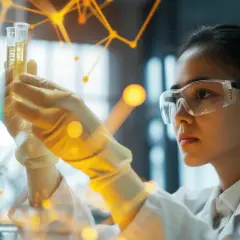 Naukowczyni w okularach ochronnych analizuje próbki w probówkach, prowadząc zaawansowane badania molekularne w hematologii.