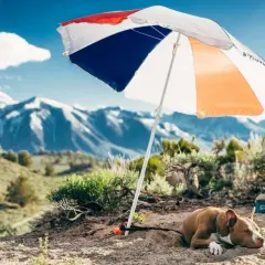 Pies odpoczywa w cieniu parasola, szukając sposobu, jak schłodzić psa w upalny dzień. W tle góry.