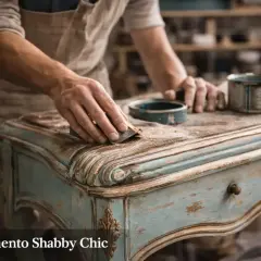 Mani esperte levigano un mobile antico per restaurarlo in stile shabby.