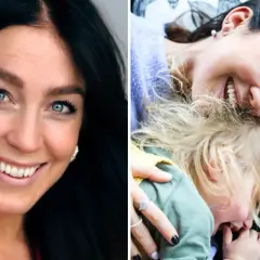 Sofia Ståhl blogg: en kvinna ler mot kameran, bredvid en bild på en mamma som myser med sitt sovande barn.