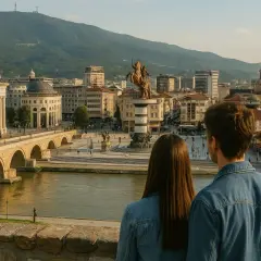 Para młoda podziwia panoramę Skopje, idealne miejsce na macedonia wakacje. Widok na kamienny most, rzekę i plac z pomnikiem.