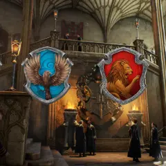 Herb Gryffindoru, Slytherinu, Hufflepuffu i Ravenclawu unoszą się w Wielkiej Sali. Do jakiego domu w Hogwarcie należysz?