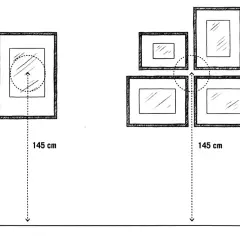 Illustrazione su come appendere 4 quadri uguali: un quadro singolo e una composizione a grappolo, entrambi a 145 cm dal pavimento.