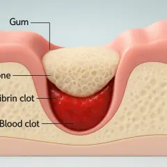 Sezione della gengiva dopo estrazione dente: coagulo di sangue e fibrina nel cavo osseo.