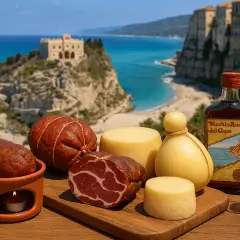 Sapori calabresi: salumi, formaggi e un burrino calabrese con vista su Tropea.