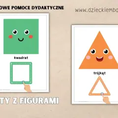 Karty z figurami: wesoły zielony kwadrat i pomarańczowy trójkąt zachęcają do nauki kształtów. Ta praca plastyczna z figur geometrycznych to świetna zabawa.