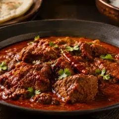 En mustig köttgryta med en rik, röd sås, toppad med koriander och en torkad chili. Perfekt för ett autentiskt vindaloo recept.