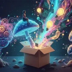 Świecące grzyby i mózg symbolizują kreatywność i innowacje, jak po mikrodawkowaniu psylocybiny.