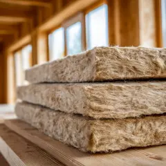 Pannelli isolanti per soffitto a vista, in attesa di essere installati in una nuova costruzione con travi in legno a vista.